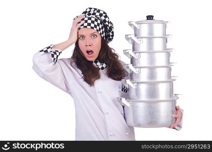 Cook with stack of pots on white