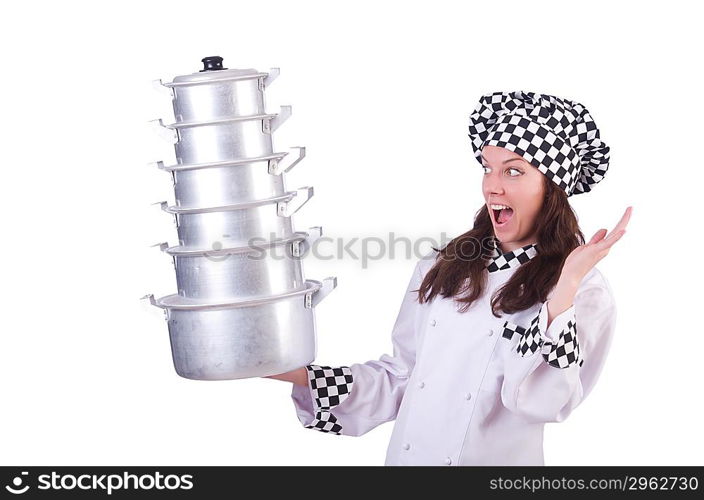 Cook with stack of pots on white