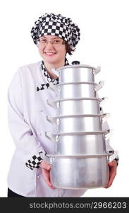 Cook with stack of pots on white