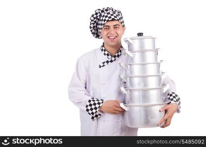 Cook with stack of pots on white