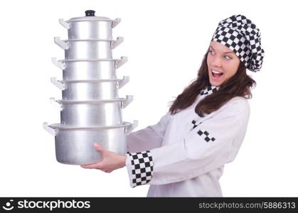 Cook with stack of pots on white