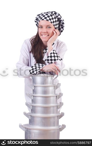 Cook with stack of pots on white