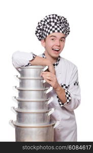 Cook with stack of pots on white