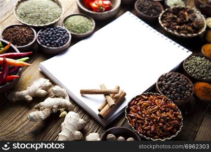 Cookbook and various spices, orintal cuisine vivid theme