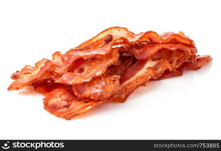 Cooked bacon rashers close-up isolated on a white background.