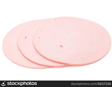 cooked boiled ham sausage or bologna slices isolated on white background cutout