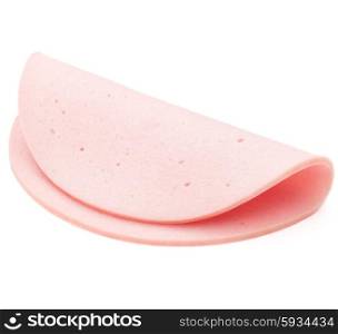 cooked boiled ham sausage or rolled bologna slice isolated on white background cutout