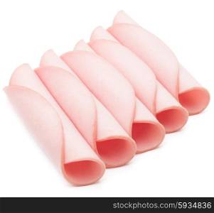 cooked boiled ham sausage or rolled bologna slices isolated on white background cutout