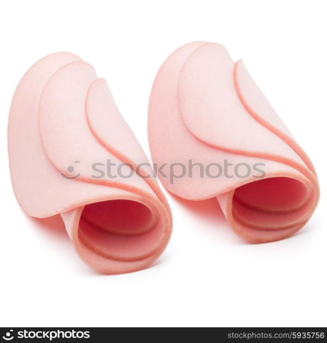 cooked boiled ham sausage or rolled bologna slices isolated on white background cutout