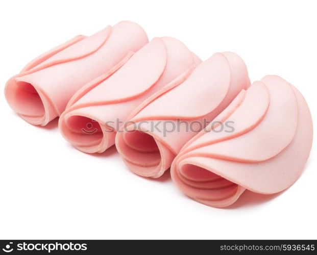 cooked boiled ham sausage or rolled bologna slices isolated on white background cutout