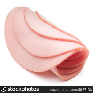 cooked boiled ham sausage or rolled bologna slices isolated on white background cutout