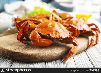 Cooked crab on wooden board/ Seafood boiled red stone crab with spices
