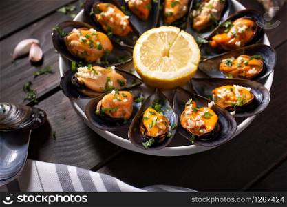 Cooked Mussels. Steamed mussels tasty spanish seafood recipe