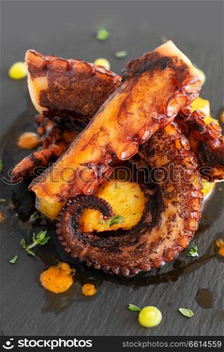 Cooked octopus gourmet dish served on black plate. Cooked octopus dish