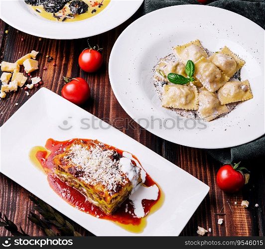cooked ravioli and lasagna on wood