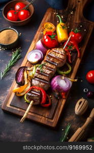 Cooked shish kebab on a skewer and grilled baked vegetables in on an wood board. Generative AI. High quality illustration. Cooked shish kebab on a skewer and grilled baked vegetables in on an wood board. Generative AI