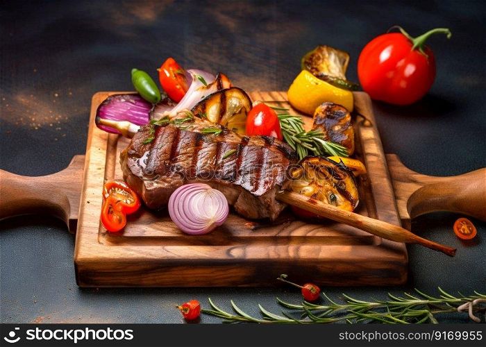 Cooked shish kebab on a skewer and grilled baked vegetables in on an wood board. Generative AI. High quality illustration. Cooked shish kebab on a skewer and grilled baked vegetables in on an wood board. Generative AI