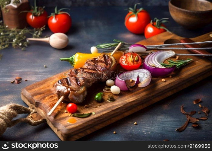 Cooked shish kebab on a skewer and grilled baked vegetables in on an wood board. Generative AI. High quality illustration. Cooked shish kebab on a skewer and grilled baked vegetables in on an wood board. Generative AI