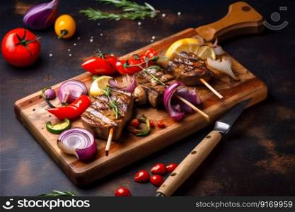 Cooked shish kebab on a skewer and grilled baked vegetables in on an wood board. Generative AI. High quality illustration. Cooked shish kebab on a skewer and grilled baked vegetables in on an wood board. Generative AI