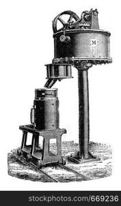 Cooker with trolley rail tank filter, vintage engraved illustration. Industrial encyclopedia E.-O. Lami - 1875.