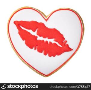 Cookie in shape of heart with red lips isolated on white background for Valentine&rsquo;s Day. Top view