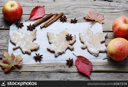 Cookies and autumn apples. Pastries like cookies maple leaf and autumn apples