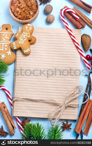 cookies and candycane on a table, christmas background