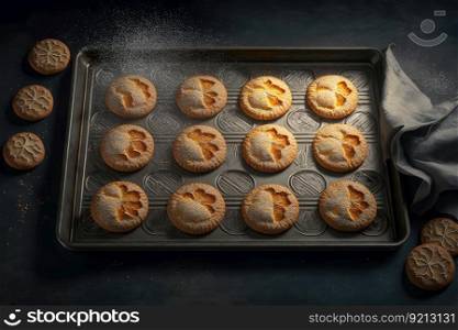cookies baked on baking tray on gray background, created with generative ai. cookies baked on baking tray on gray background