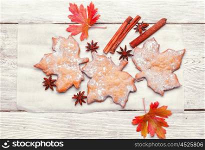 Cookies in the shape of maple leaf. Homemade biscuits in the form of fallen October leaves from the trees