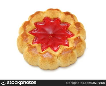 Cookies of yellow color with a stuffing from multi-colored jelly in the middle on a white background