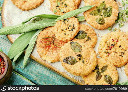 Cookies with sage,thyme and rosemary.Homemade appetizing shortbread cookies with spicy herbs. Cookies with spicy herbs