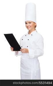 cooking, advertisement and food concept - smiling female chef with blank black paper