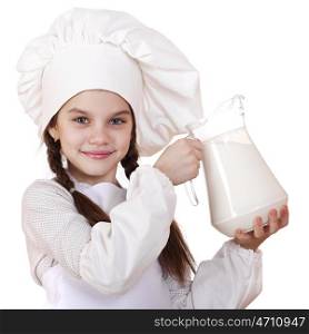 Cooking and people concept - Little girl in a white apron holding a jug of milk, isolated on white background