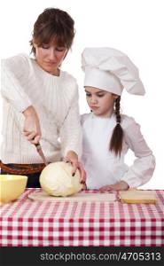 Cooking and people concept - Little girl in cook hat and mother, isolated on white background