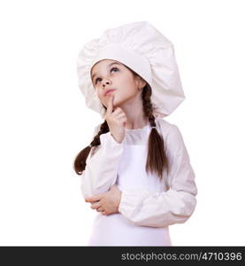 Cooking and people concept - smiling little girl in cook hat, isolated on white background