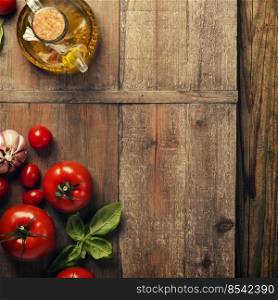 Cooking background with fresh italian ingredients flat lay copy space. Cooking background with fresh italian ingredients flat lay