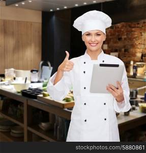 cooking, bakery, people, technology and food concept - smiling female chef cook or baker with tablet pc computer showing thumbs up over restaurant kitchen background