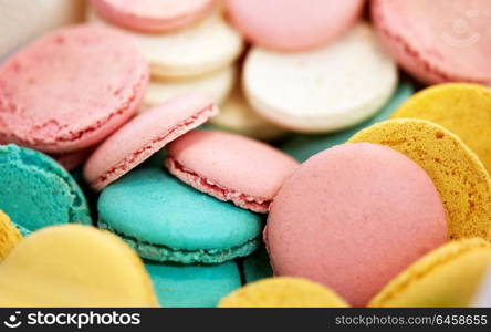 cooking, confectionery and baking concept - close up of macarons. close up of macarons