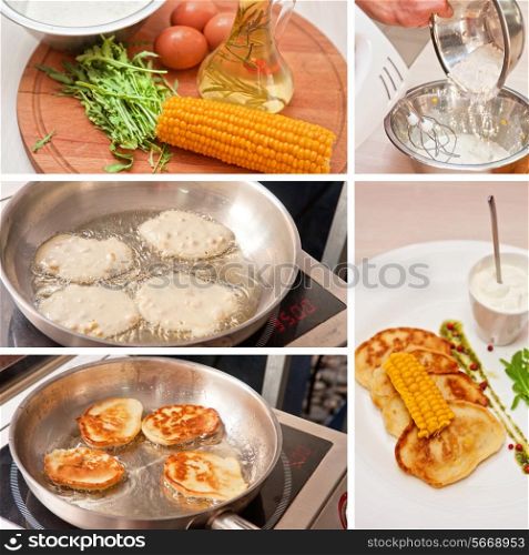 Cooking corn pancakes step by step, collage