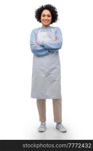 cooking, culinary and people concept - happy smiling woman in apron over white background. smiling woman in apron over white background