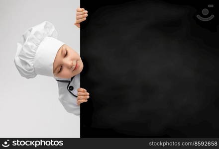 cooking, culinary and profession concept - happy smiling little girl in chef’s toque and jacket with black board over grey background. happy little girl in chef’s toque with black board