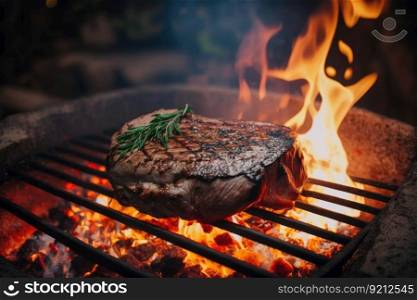 cooking delicious meat on fire on backyard grill, created with generative ai. cooking delicious meat on fire on backyard grill