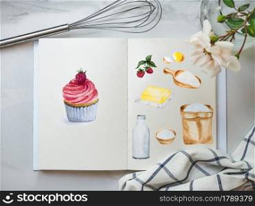 Cooking for homemade cakes. Close-up, view from above, wooden surface. Delicious and healthy food concept. Cooking for homemade cakes. Close-up, view from above