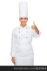 cooking, gesture and food concept - smiling female chef showing thumbs up