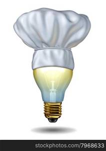 Cooking ideas and creative cuisine or baking creativity with a chef hat on an illuminated light bulb on a white background as a food and drink concept of intelligent meal choices.