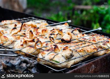 Cooking meat on fire. Fry meat on metal grid. Barbecue on nature for party.