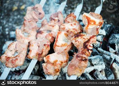 Cooking of kebab from pork meat on hot coals outdoors during a picnic