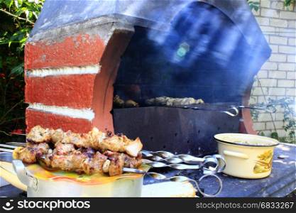 cooking of shashlik on the brazier. appetizing shashliks are cooked on the plate