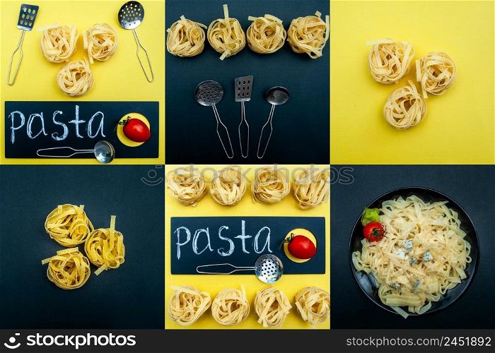 Cooking pasta concept, pasta in different forms, dry and cooked. Stylish collage in black and yellow squares. View from above, flat lay
