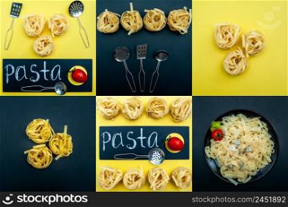 Cooking pasta concept, pasta in different forms, dry and cooked. Stylish collage in black and yellow squares. View from above, flat lay